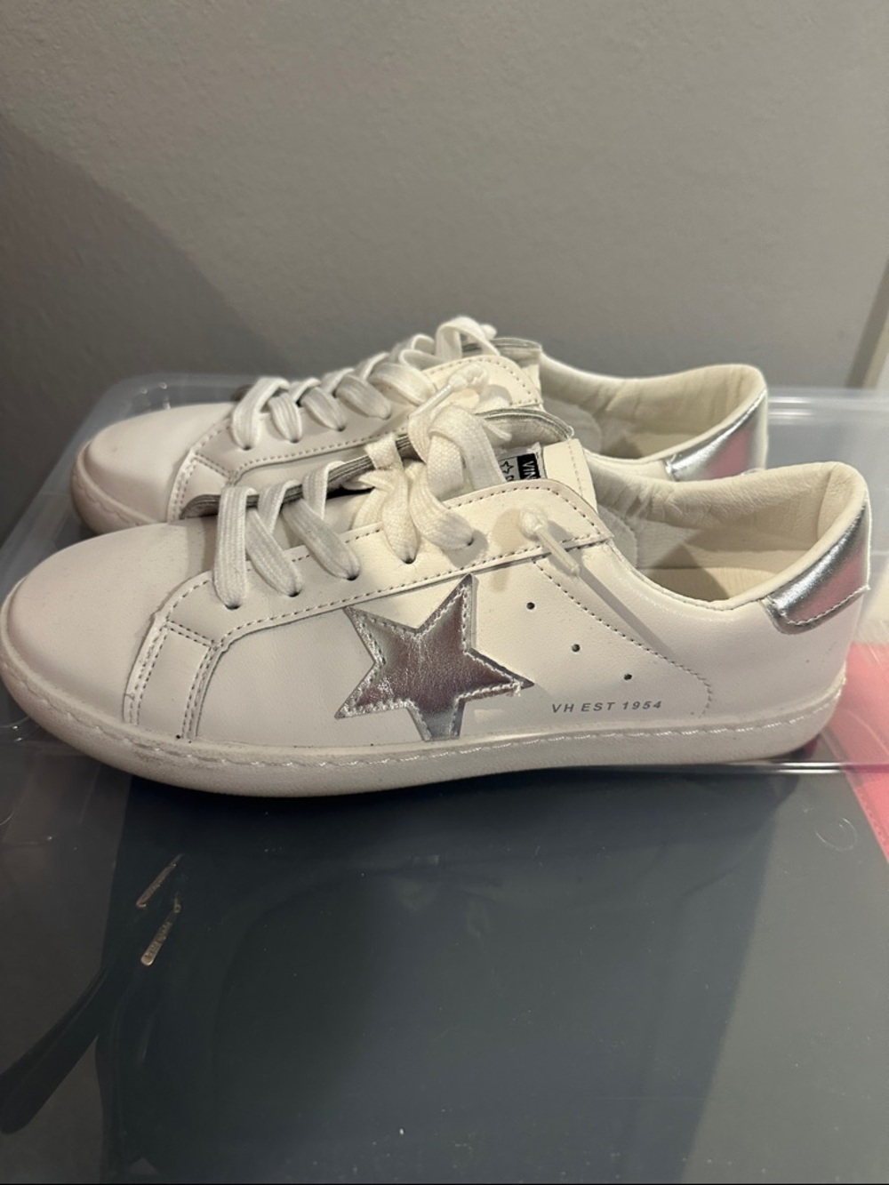 White Leather Sneakers with Silver Star Accent - Picture 3 of 7